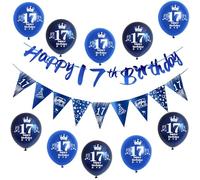 Azul guirnalda Happy 17th Birthday bandera + cumpleaños banderas triángulo + 17 años chico cumpleaños globos 17 años decoración para niño,decoración 17 años niño cumpleaños 17 años niño deco