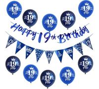 Azul guirnalda Happy 19th Birthday bandera + cumpleaños banderas triángulo + 19 años chico cumpleaños globos 19 años decoración para niño,decoración 19 años niño cumpleaños 19 años niño deco