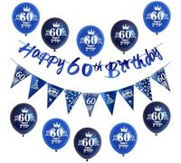 Azul guirnalda Happy 60th Birthday bandera + cumpleaños banderas triángulo + 60 años hombre cumpleaños globo 60 años decoración para hombre,decoración 60 años hombre cumpleaños 60 años hombre deco