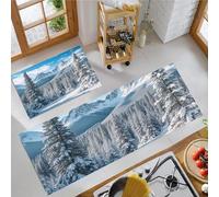 Azul Juego de Alfombras de Cocina de 2 Piezas, Alfombras de Bosque Pinos La Montaña, Antideslizantes País Las Maravillas Invernal Tapetes de Cocina para Pasillo Entrada Lavandería, 60x90cm+60x180 cm