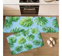 Azul Juego De Alfombras De Cocina De 2 Piezas, Alfombras De Hojas Verdes De Monstera, Antideslizantes Estilo Tropical Tapetes De Cocina para Pasillo Entrada Lavandería, 40x60cm+40x120 cm