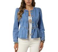 Azul,L,Camisa Vaquera para Mujer De Moda Puff Manga Larga Cuello Redondo Camisa Vaquera Otoño Ajuste Casual Salir Denim Top