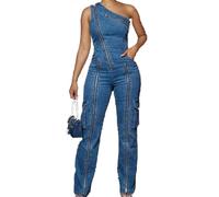 ,Azul,M,Monos para Mujer Cargo de Mezclilla Un Hombro Cintura Alta Pantalones de Pierna Ancha Sueltos Estilo Safari Combinados Lavados Desgastados con Bolsillos