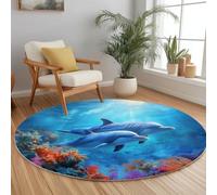 Azul Marino Alfombra Salon Redonda 100 cm, Animales Marinos Delfines Ballenas patrón Lavable Lavadora Alfombra Dormitorio, Moderno Alfombras Comedor Antideslizante para Cocina Halls Balcón