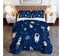 Azul Marino Edredón Nórdico Tema Espacial Astronautas Cohetes Trapunta con Acolchado en Diamante, Microfibra Premium, Suave y Transpirable - Todo en Uno, Set de Ropa de Cama 220 x 220 cm 3 Piezas