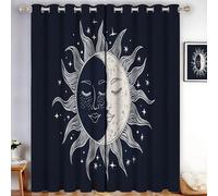 Azul marino intenso - Cortinas opacas con diseño Estilo abstracto retro, aislamiento térmico, fijación con ojales, diseño Sol, Luna, Rostro humano, Estrellas para salón y dormitorio140 x 145 cm
