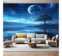 Azul Mural Fotográfico Planeta del cielo estrellado, árbol pequeño Papel Pintado 3D Tejido No Tejido Moderno Arte Dormitorio Sala de Estar Hogar TV Fondo Pared PóSter Decorativo 350x250 cm
