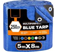 (Azul/Negro, 5x8 250g) Lona Impermeable Exterior - Reforzada - Argollas Antidesgarro - Toldo 100% Impermeable y 100% Protección UV - Cubretodo Múltiples Usos - 3 Capas Laminado Cruzado