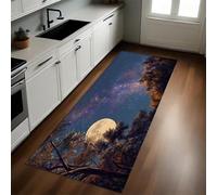 Azul Oscuro Alfombra de Cocina 60 x 180 cm Cielo Nocturno Estrellas Luna Llena Antideslizante y Lavable, Camino Multiusos Resistente al Desgaste, Antimanchas, Ideal para Bajo Fregadero y Fogones