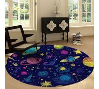 Azul Oscuro Alfombras Redonda de área 160 cm, Doodle Espacio Estrellas Planetas Alfombra Suave Antideslizante Lavable, Modernas de Interior Alfombra Redonda para salón, Dormitorio, Comedor