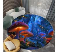 Azul Oscuro Alfombras Salon Redonda 150 cm, Bosque Setas Insectos patrón Alfombra Lavable Lavadora Alfombra Dormitorio, Fantasía Alfombras Comedor Antideslizante para Cocina Halls Balcón