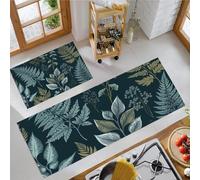 Azul Oscuro Juego de 2 Tapetes de Cocina, Helechos De Hoja Alfombrillas Plantas Naturales, Tapetes Antideslizantes Lavables de Goma, Accesorios Decorativos de Cocina - 50x80+50x150cm