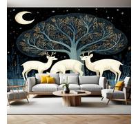 Azul Oscuro Murales Decorativos Pared Tres ciervos Whites bajo la luna Papel Pintado 450x315 cm Póster Gigante de Pared Tejido no Tejido Papel de Parede Panorámico Dormitorios Salón Hotel Fondo de TV