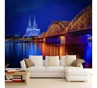 Azul Oscuro Papel pintado panorámico no tejido 200 x 140 cm Tamaño personalizado, póster mural gigante 3D, Moderno Río Ciudad Puente para sala de estar dormitorio o restaurante