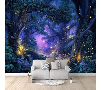 Azul Oscuro Papel pintado panorámico no tejido 350 x 256 cm Tamaño personalizado, póster mural gigante 3D, Misterio Bosque Insectos Luciérnagas para sala de estar dormitorio o restaurante