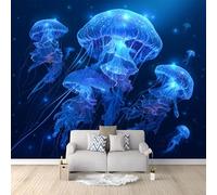 Azul Oscuro Papel pintado panorámico no tejido 400 x 280 cm Tamaño personalizado, póster mural gigante 3D, Fantasía Animales Marinos Medusas para sala de estar dormitorio o restaurante