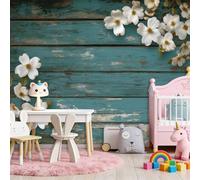 Azul Papel pintado panorámico no tejido 300 x 210 cm Tamaño personalizado, póster mural gigante 3D, Estilo Campestre Vetas De Madera Floral para sala de estar dormitorio o restaurante