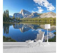 Azul Papel Pintado Seda Fotográfico 300x210cm, Mural De Pared Panorámico Árboles Junto Al Río Y Montañas Cubiertas De Nieve, Paisaje Natural Tranquilo Póster Grande Para Salón Decor Del Hogar Y Pared
