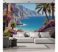 Azul Papel Pintado Seda Fotográfico 350x256cm, Mural De Pared Panorámico Jardín Del Acantilado Mar, Paisaje Mediterráneo Póster Grande Para Salón Decor Del Hogar Y Pared