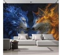 Azul Papel Pintado Seda Fotográfico 400x280cm, Mural De Pared Panorámico Enfrentamiento Entre Dos Lobos, Animales De Fantasía Póster Grande Para Salón Decor Del Hogar Y Pared