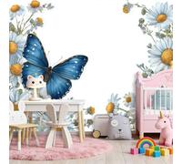 Azul Papel tapiz mural 3D para bricolaje Estilo Bohemio Estilo Campestre Flores Mariposas decorativos de pared murales, para habitación infantil salón dormitorio restaurante - 350 x 256 cm