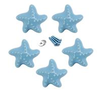 Azul Perilla del cajón Perillas del gabinete de cerámica Manija de la habitación para niños Forma de estrella de mar para cajones de tocador (paquete de 5 tornillos incluidos)