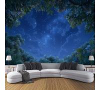 Azul Profundo Papel Pintado Seda Fotográfico 350x256cm, Mural De Pared Panorámico Cielo Estrellado Del Bosque, Vista Nocturna De Ensueño Póster Grande Para Salón Decor Del Hogar Y Pared