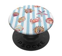 Azul Rayas Coastal Shells Patrón Verano Playa Estética PopSockets PopGrip Adhesivo
