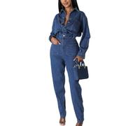 Azul,S,Mono Vaquero de Manga Larga para Mujer, de otoño, de Cintura Alta, elástico, Ajustado, de Pierna Recta, Mono Vaquero, Pantalones Largos