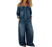 ,Azul,S,Mono Vaquero de Pierna Ancha para Mujer - Overol de una Pieza Oversized con Hombros Descubiertos
