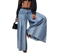,Azul,S,Pantalones de Mezclilla de Mujer de Tiro Alto con Parche a Rayas, Pliegues en el Frente, de Pierna Ancha y Holgados, Vaqueros Sueltos y a la Moda para Curvas
