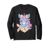 Azul Unicornio Retrato Animal Lover Graphic Gafas Rosa Manga Larga