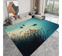 Azul Verde Alfombra Lavable a máquina 60 x 90 cm, Pintura En Tinta De Un Pequeño Barco Y JuncosAlfombra antideslizante resistente a las manchas, para salón, dormitorio, oficina y decoración del hoga