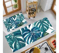 Azul-Verde Juego de 2 Tapetes de Cocina, Hojas De Monstera Alfombrillas Estilo Tropical, Tapetes Antideslizantes Lavables de Goma, Accesorios Decorativos de Cocina - 45x75+45x150cm