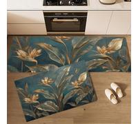 Azul-Verde Juego De Alfombras De Cocina De 2 Piezas, Alfombras De Flores Ave del Paraíso Dorada, Antideslizantes Hojas Tropicales Tapetes De Cocina para Pasillo Entrada Lavandería, 50x80cm+50x150 cm