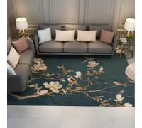 Azul Verdoso Oscuro Alfombra 90x150 Florales Lavables para salón Alfombrilla Moderna Antideslizante de Gran tamaño Dormitorio Tapete Lavable Pelo bajo con Respaldo Dorado