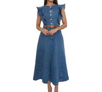 Azul,XXL,Vestido Vaquero para Mujer, Informal, Holgado, Vintage, con Mangas con Volantes, Corte A, Largo