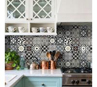 Azulejos Adhesivos Baño Geométrico Negro Floral Baldosas Adhesivas Pared Autoadhesivas Impermeables Muebles Decorativos Fácil de Usar Vinilo Adhesivo Cocina Pared 20x20 cm/ 24 Piezas