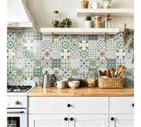 Azulejos Adhesivos Cocina Mandala Flores Verdes Azulejos Adhesivos Baño Impermeables Baldosas Adhesivas Pared para Gabinete Muebles Decoración Vinilo Adhesivo Pared Cocina 10x10cm /24 Piezas