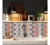 Azulejos Adhesivos Cocina Mandala Rojo Azul Baldosas Adhesivas Pared Vinilo Cocina Muebles Decorativos Panel Revestimiento Ducha Impermeables Vinilos Baño Azulejos 10x240 cm