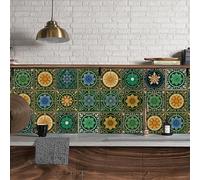 Azulejos Adhesivos Cocina Mandala Verde Naranja Vinilo Cocina Azulejos Adhesivos Baño Pvc Revestimiento pared Baño Baldosas Adhesivas Pared Impermeable Peel and Stick Wall Tiles 10x10cm/24 Pcs