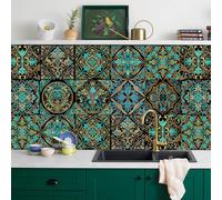 Azulejos Adhesivos Cocina Oro Turquesa Negro Baldosas Adhesivas Pared PVC Vinilo Adhesivo Cocina Impermeable Vinilos de Pared Decorativos Baldosas Adhesivas Vinilos Azulejos Baño 30x30cm/10 Pcs