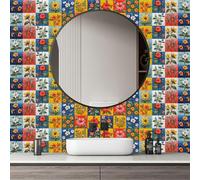 Azulejos Adhesivos Cocina Rojo Amarillo Floral Baldosas Adhesivas Pared Vinilo Cocina Muebles Decorativos Panel Revestimiento Ducha Impermeables Vinilos Baño Azulejos 15x240 cm