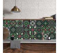 Azulejos Adhesivos Cocina Verde Rojo Retro Baldosas Adhesivas Pared Gabinete Muebles Baño Autoadhesivo Impermeable PVC Hogar Decoración Vinilo Pared Cocina 20x20cm/24 piezas