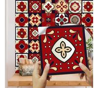 Azulejos Adhesivos Cocina y Baño - Flores Rojas Elegantes, PVC Impermeable, Vinilo Pared Autoadhesivo, Decorativos - 10 Piezas/15x15cm