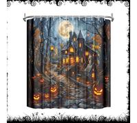 AZURAOKEY Cortina de ducha de Halloween para baño, cortinas de ducha con 12 ganchos para Halloween, diseño de calabaza extraña, día de la muerte, 71 x 71 pulgadas