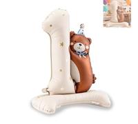 AzureRay Globo metalizado XXL número 1 con osito de peluche para el primer cumpleaños de niño - Decoración para fiesta de primer cumpleaños de niño, globo autoportante color crema