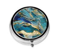Azurite - Pastillero con estampado de mármol aceitado dorado y verde azulado, redondo, pastillero portátil, organizador de medicamentos de viaje