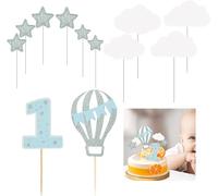 AZWOOD 12 piezas de decoración para tarta de primer cumpleaños, suministros de fiesta de cumpleaños con purpurina, globo aerostático, estrella, nube blanca, decoración de pastel de una cara para niños