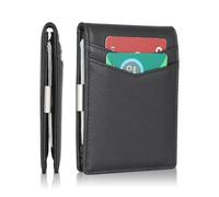 AZZS Cartera minimalista para hombres y mujeres - Cartera delgada de piel auténtica con bloqueo RFID con 12 ranuras para tarjetas de crédito, clip para dinero, Negro mate, 1 inch x 3.2 inches x 4.39